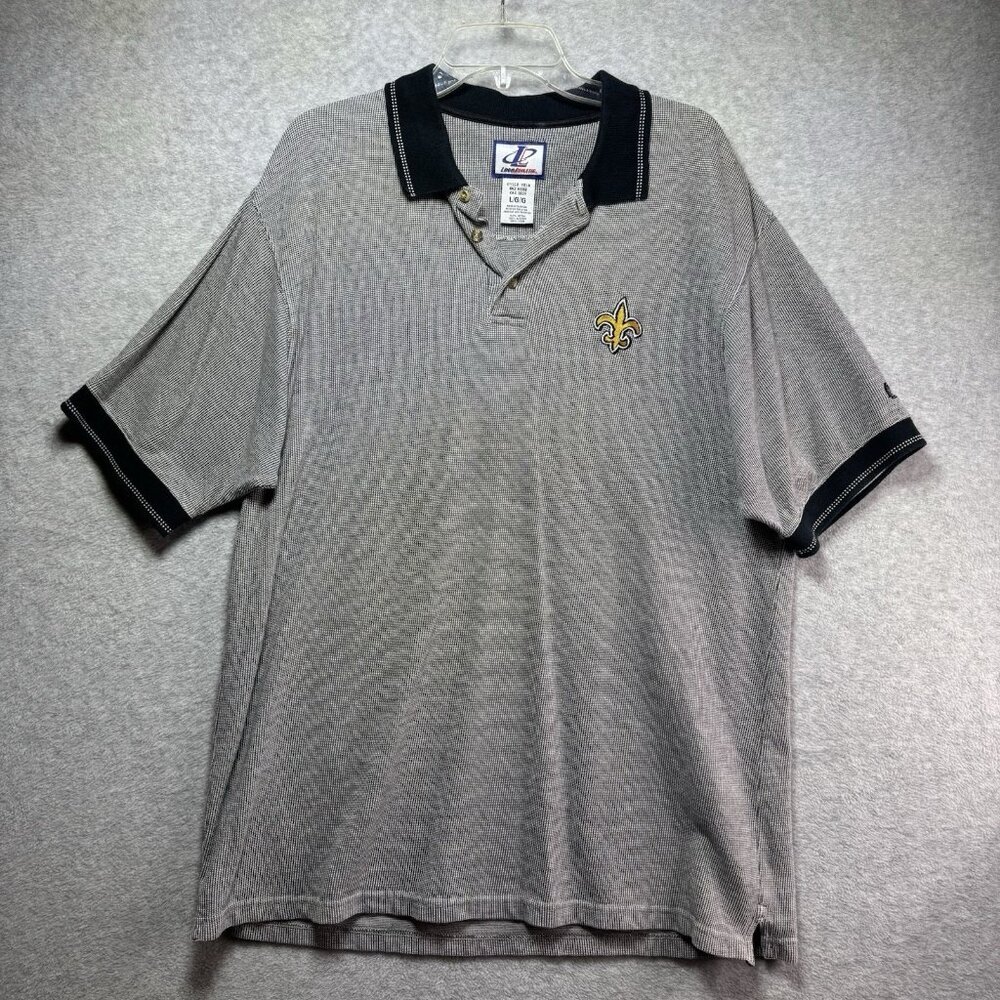 VTG 90s NFL Saints Polo Shirt L New Orleans Logo Athletic Black Gray Reebok
